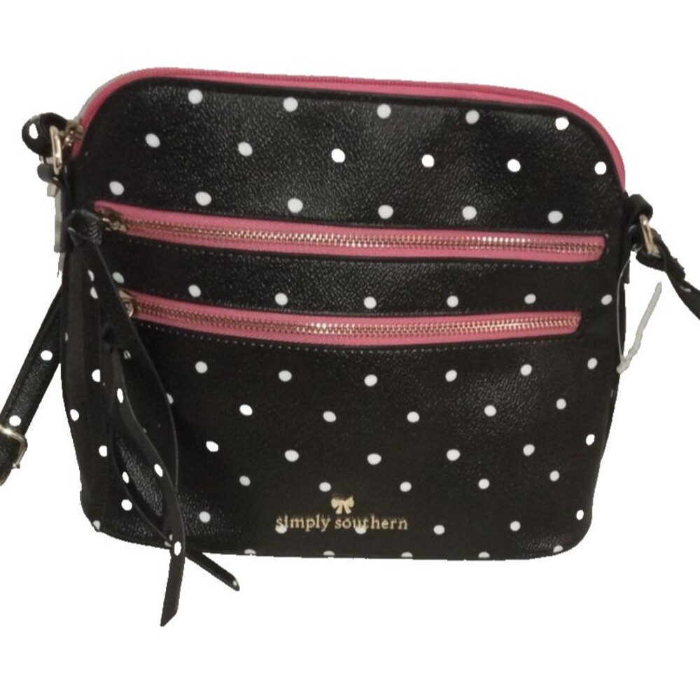 Simply Southern Shoulder Bag Zip Top Purse Black White Polka Dots